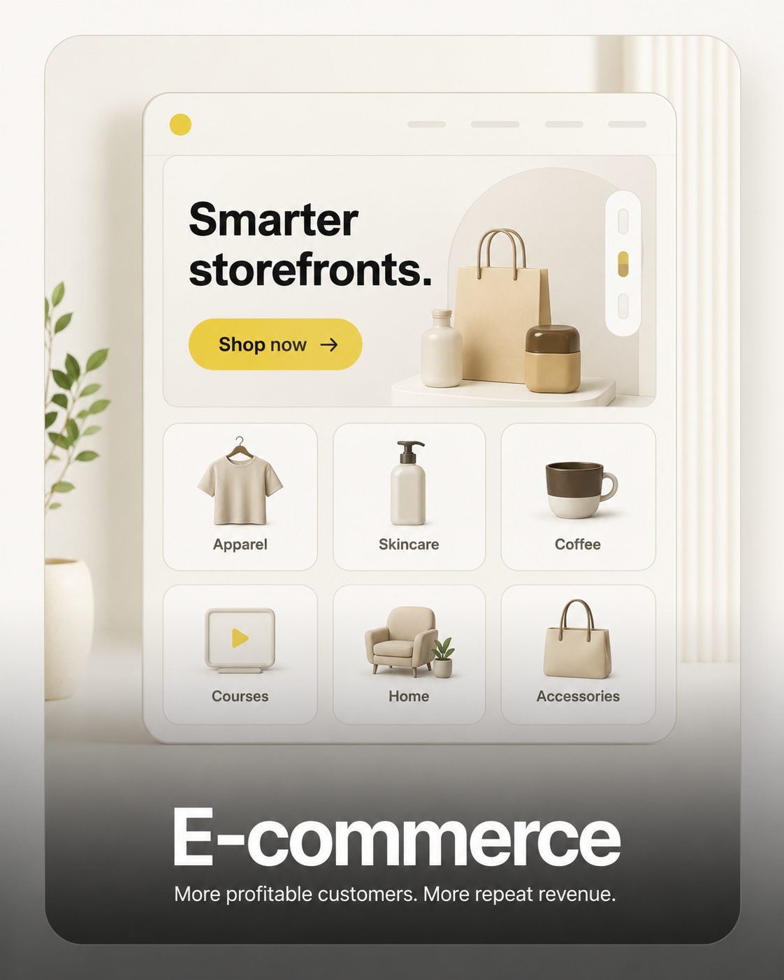 E-commerce interface showing a premium online store with product categories for modern brands