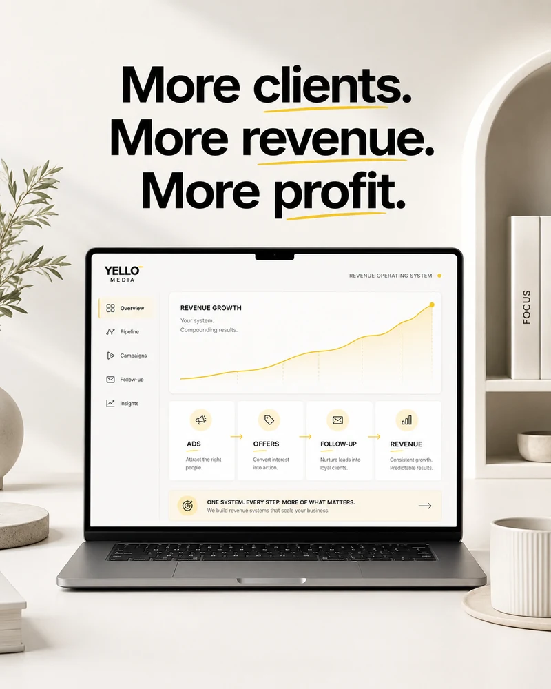 Yello Media growth dashboard and laptop workspace